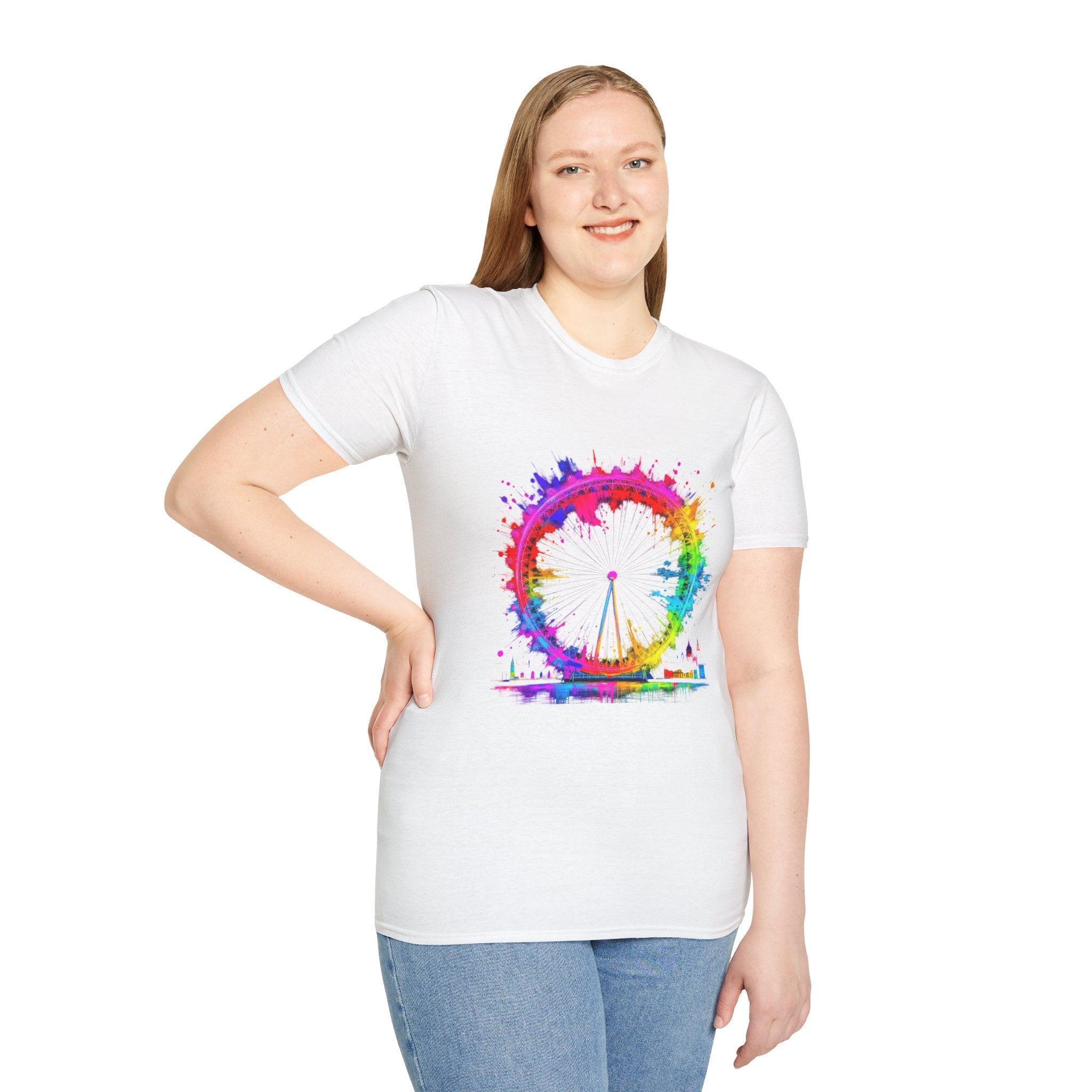 Colorful Watercolor London Eye Unisex Softstyle T-Shirt, Casual Tee, Graphic Shirt, Gift for Travel Lovers, Birthday Gift, Rainbow Art Shirt