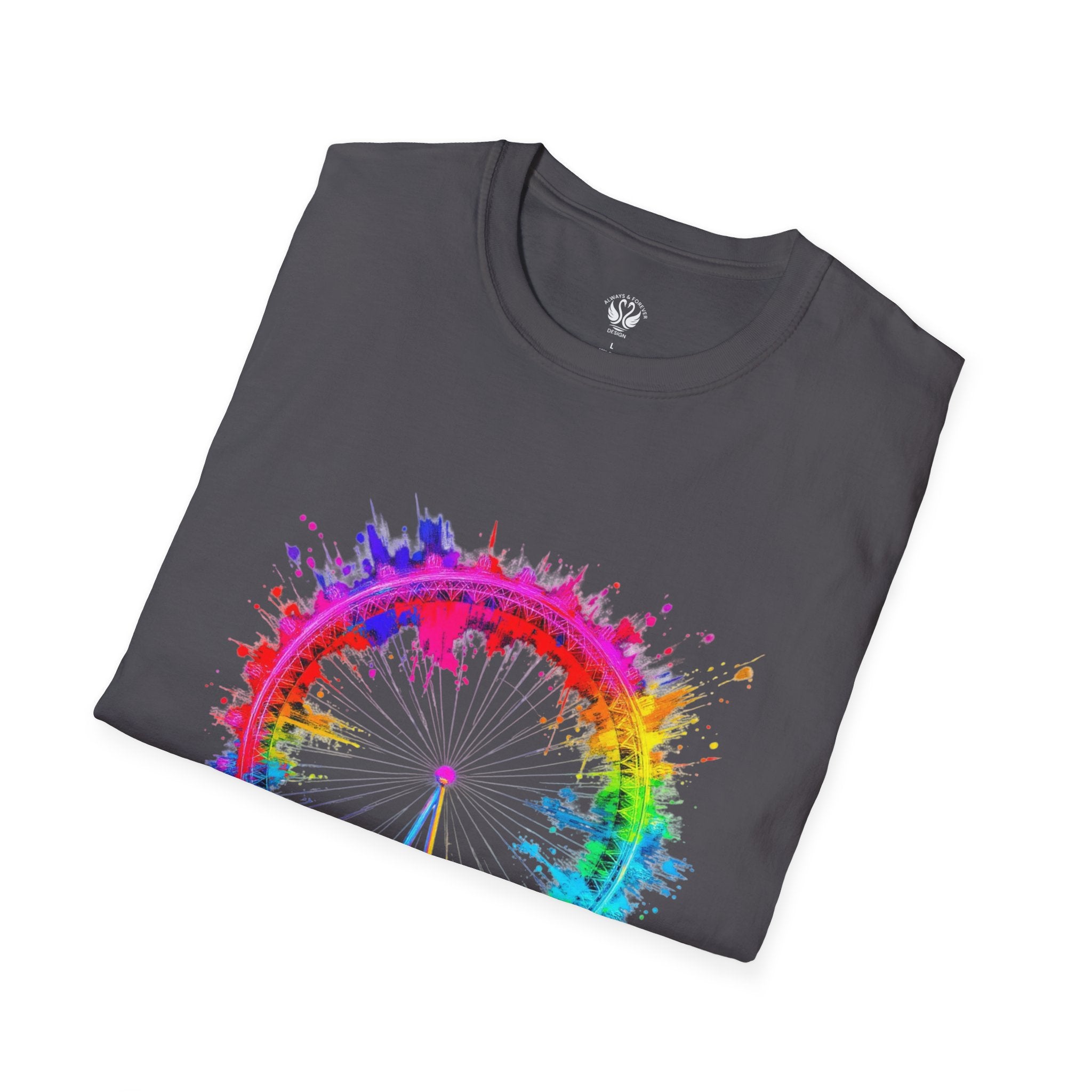 Colorful Watercolor London Eye Unisex Softstyle T-Shirt, Casual Tee, Graphic Shirt, Gift for Travel Lovers, Birthday Gift, Rainbow Art Shirt