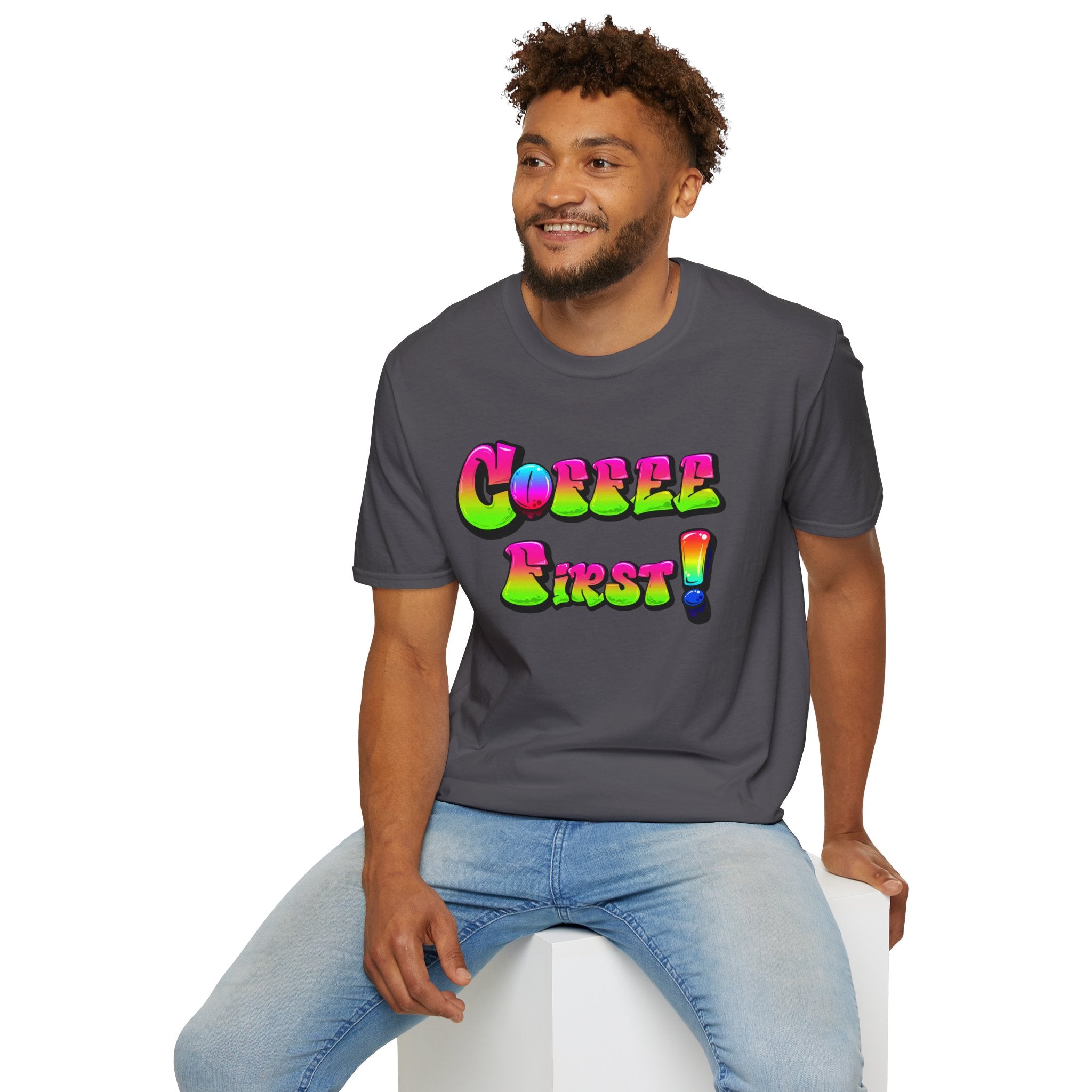 Coffee First Unisex Softstyle T-Shirt, Funny Graphic Tee, Gift for Coffee Lovers, Casual Wear, Perfect for Birthdays, Everyday Comfort