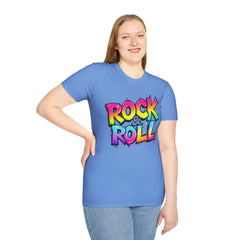 Colorful Rock & Roll Unisex Softstyle T-Shirt, Retro Tee, Music Lover Gift, Festival Wear, Rock Concert Apparel, Unisex Graphic Tee