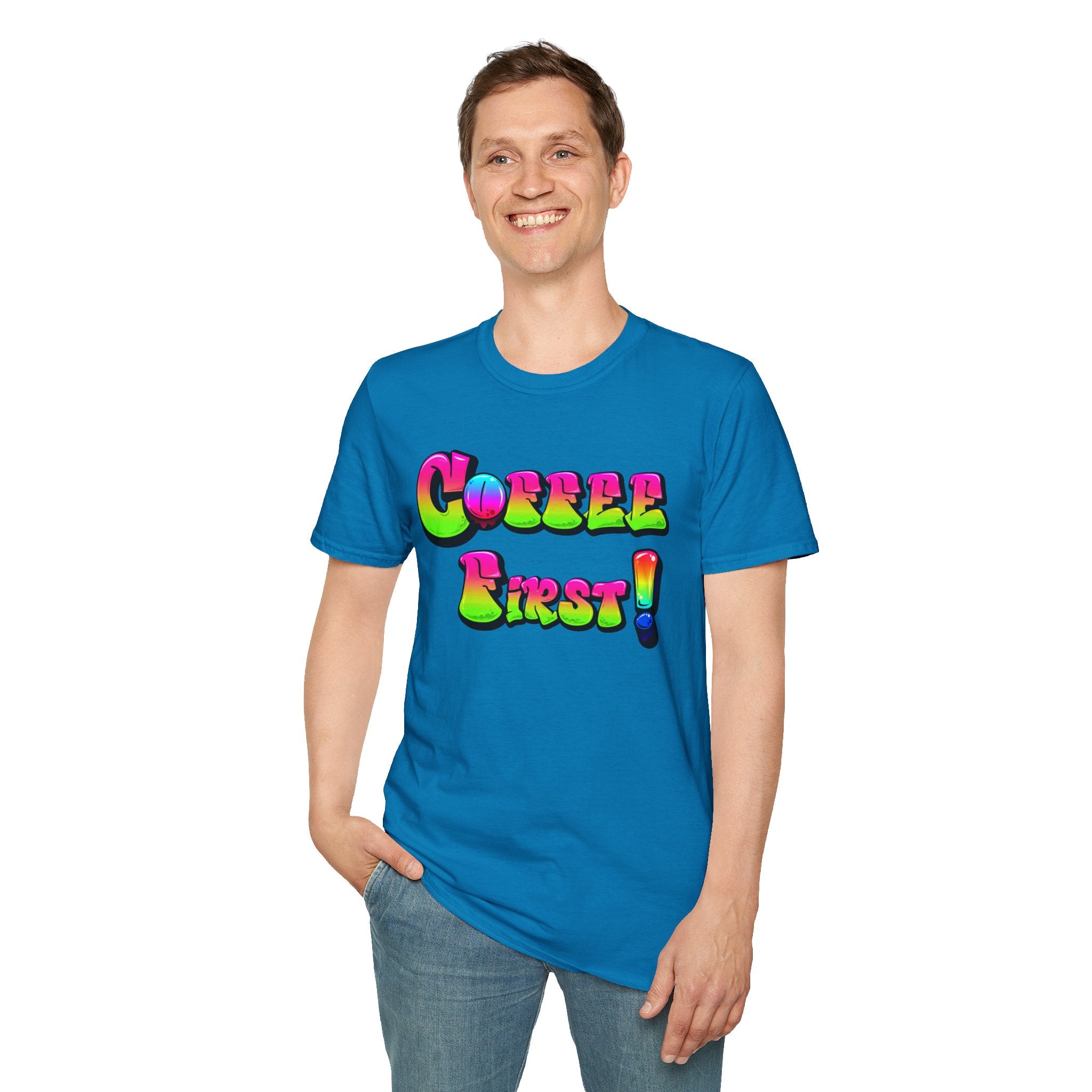 Coffee First Unisex Softstyle T-Shirt, Funny Graphic Tee, Gift for Coffee Lovers, Casual Wear, Perfect for Birthdays, Everyday Comfort