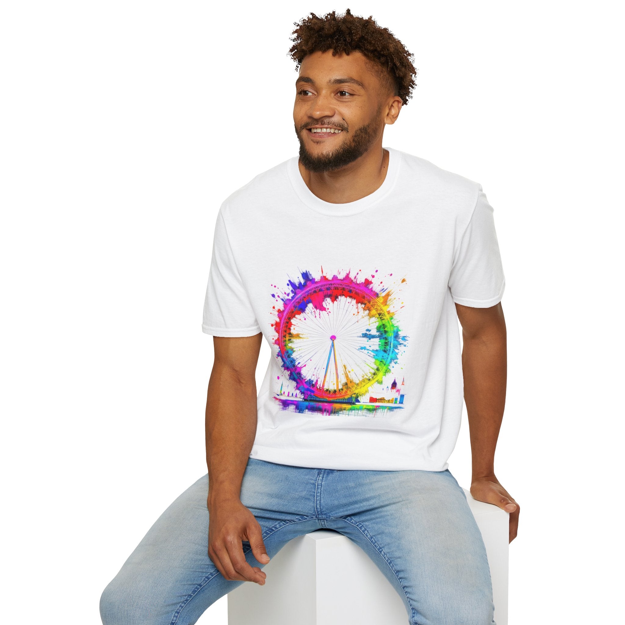 Colorful Watercolor London Eye Unisex Softstyle T-Shirt, Casual Tee, Graphic Shirt, Gift for Travel Lovers, Birthday Gift, Rainbow Art Shirt