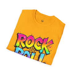 Colorful Rock & Roll Unisex Softstyle T-Shirt, Retro Tee, Music Lover Gift, Festival Wear, Rock Concert Apparel, Unisex Graphic Tee