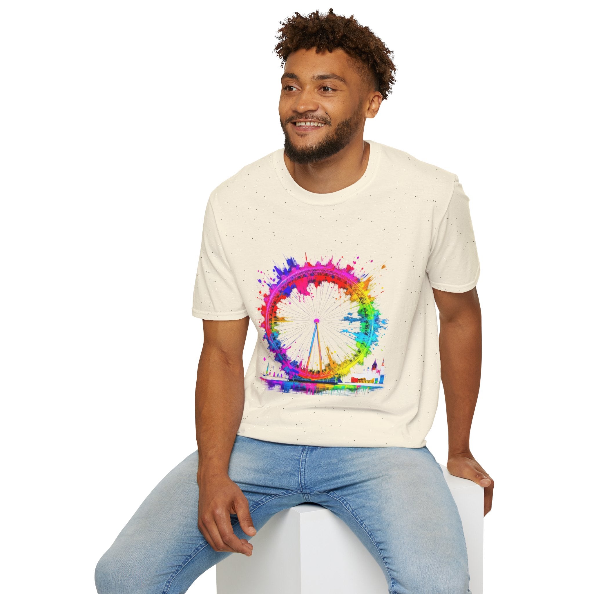 Colorful Watercolor London Eye Unisex Softstyle T-Shirt, Casual Tee, Graphic Shirt, Gift for Travel Lovers, Birthday Gift, Rainbow Art Shirt