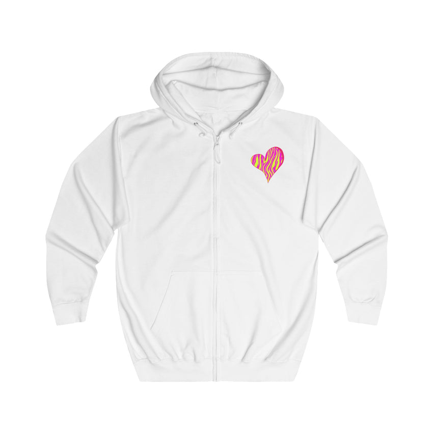 Vibrant Heart Print Hoodie, Unisex Zip-up Hoodie, Casual Wear, Gift for Her, Love Themed Apparel, Cozy Hooded Sweatshirt