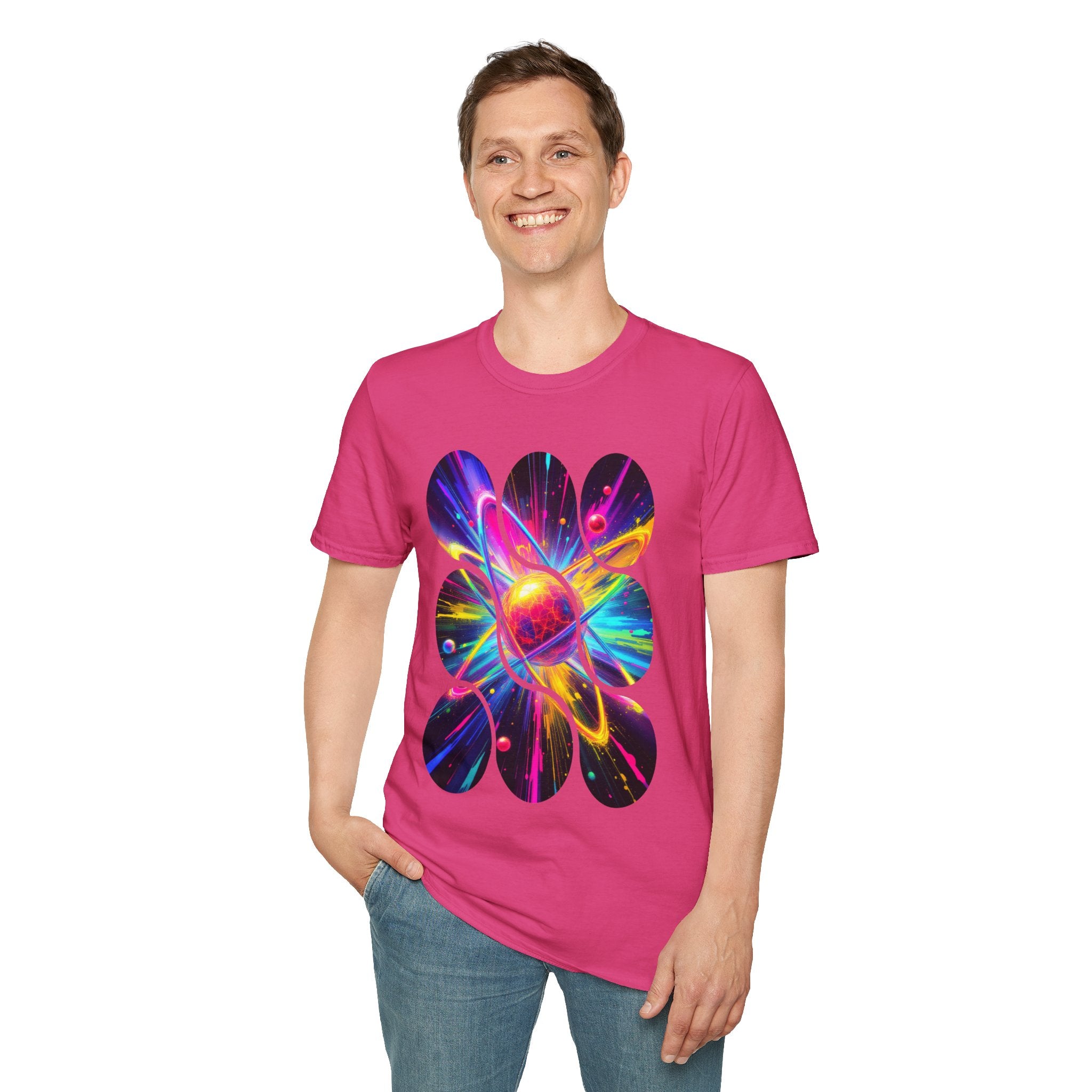 Colorful Atom Graphic T-Shirt, Unisex Casual Tee, Astronaut Art, Space Lover Gift, Festival Wear, Cosmic Vibes