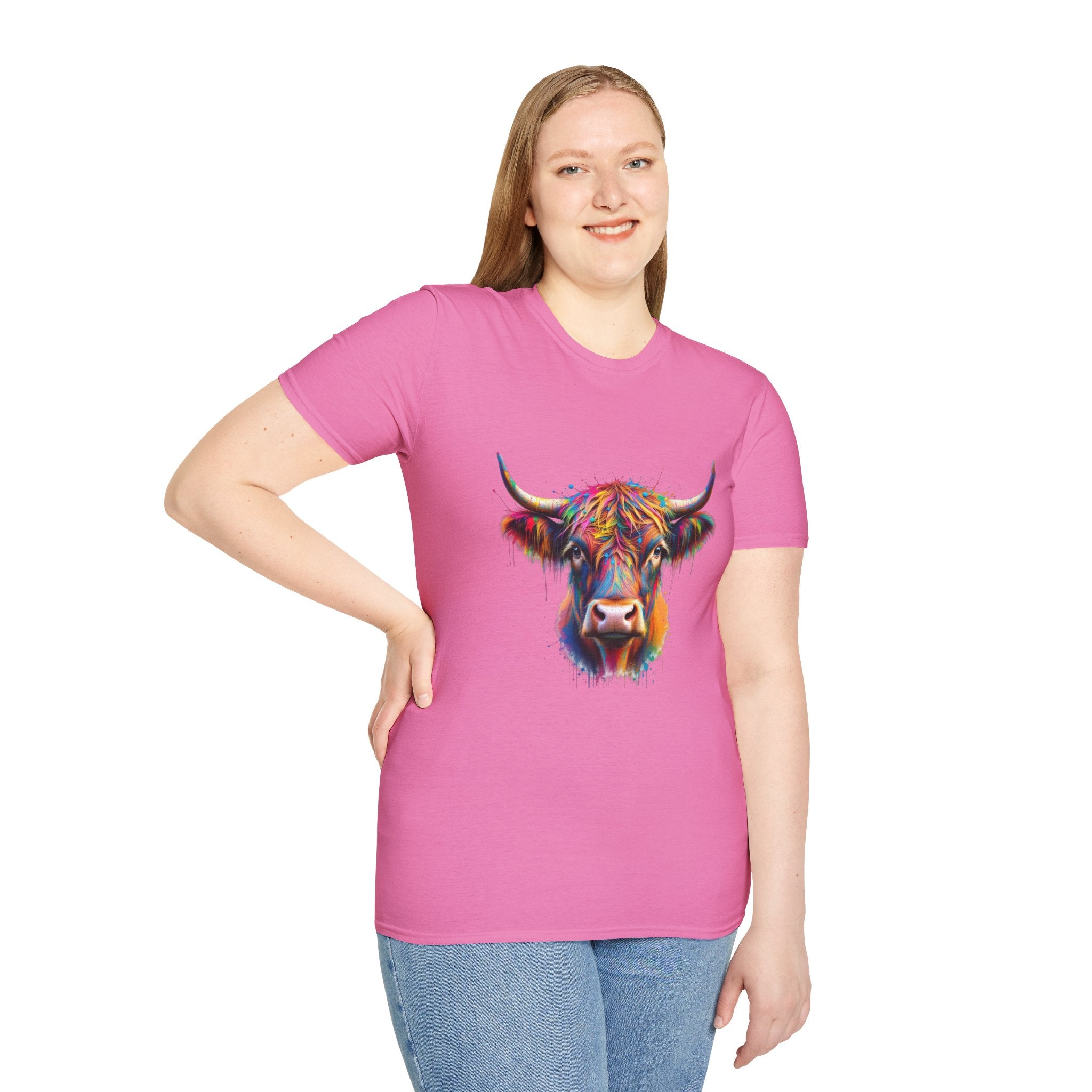Highland Cow Graphic T-Shirt, Fun Farm Animal Tee, Cute Gift for Cow Lovers, Unisex Softstyle Shirt for Casual Wear