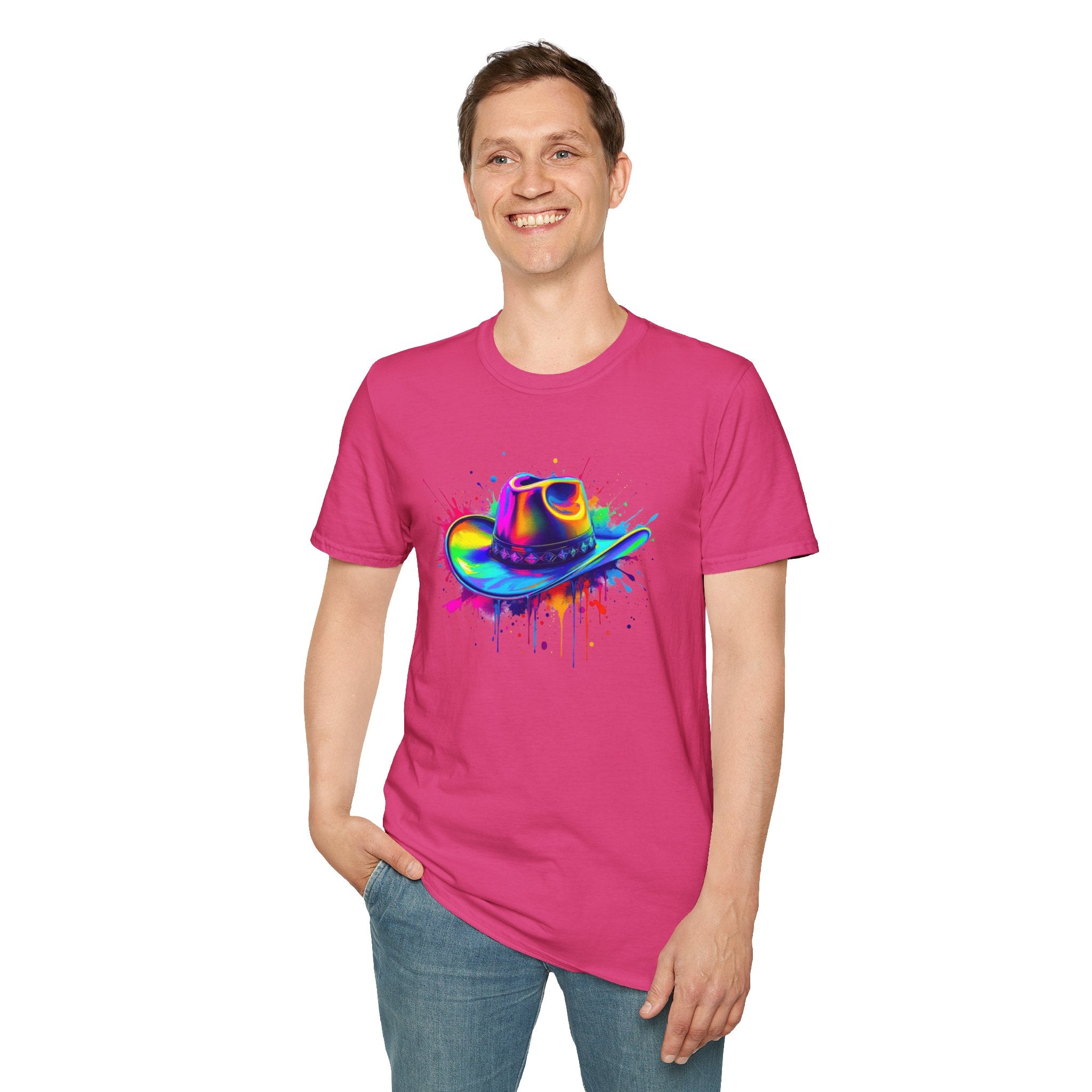 Colourful Cowboy Hat Unisex T-Shirt, Fun Graphic Tee, Festival Wear, Summer Celebration Shirt, LGBTQ Pride Apparel, Gift for Friends