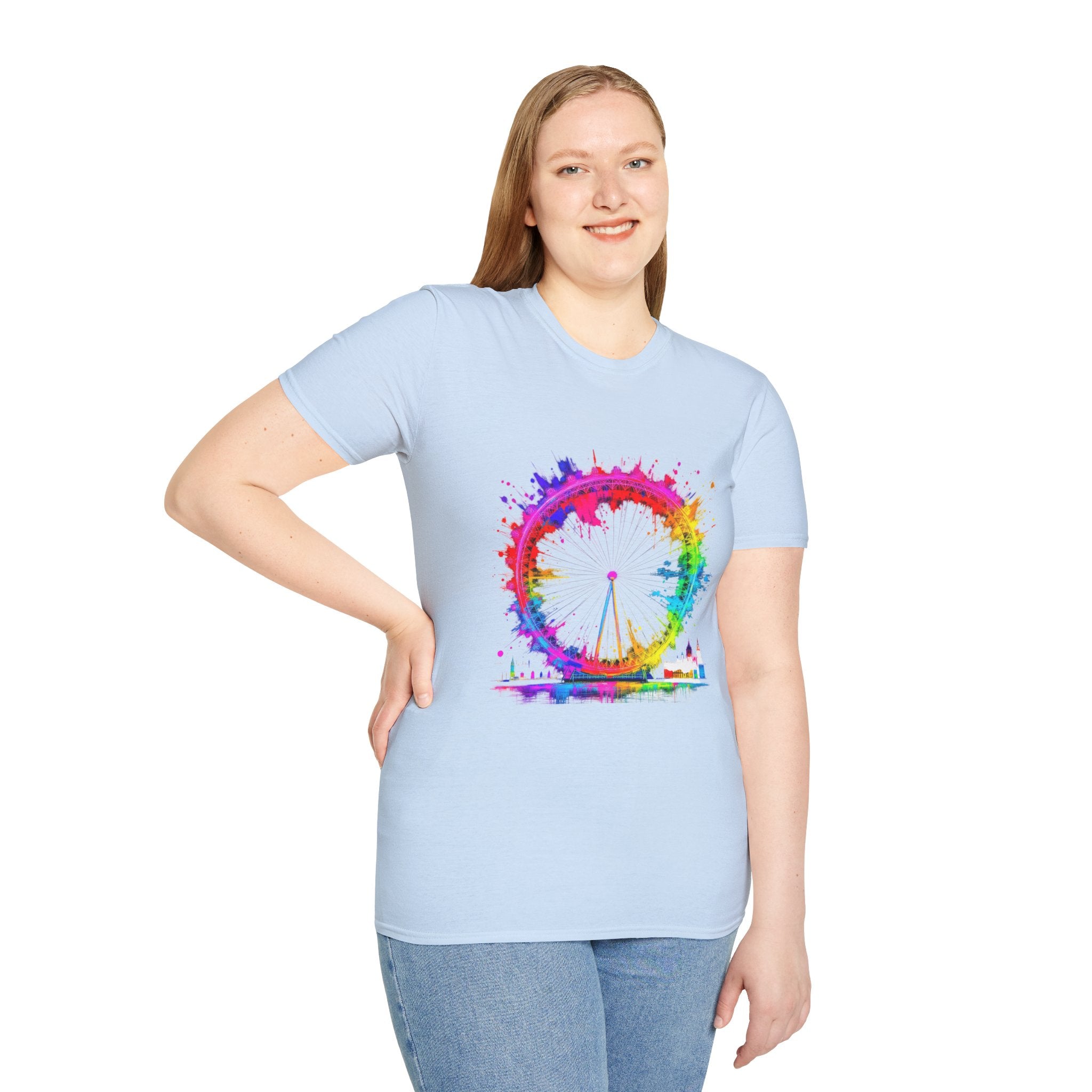 Colorful Watercolor London Eye Unisex Softstyle T-Shirt, Casual Tee, Graphic Shirt, Gift for Travel Lovers, Birthday Gift, Rainbow Art Shirt