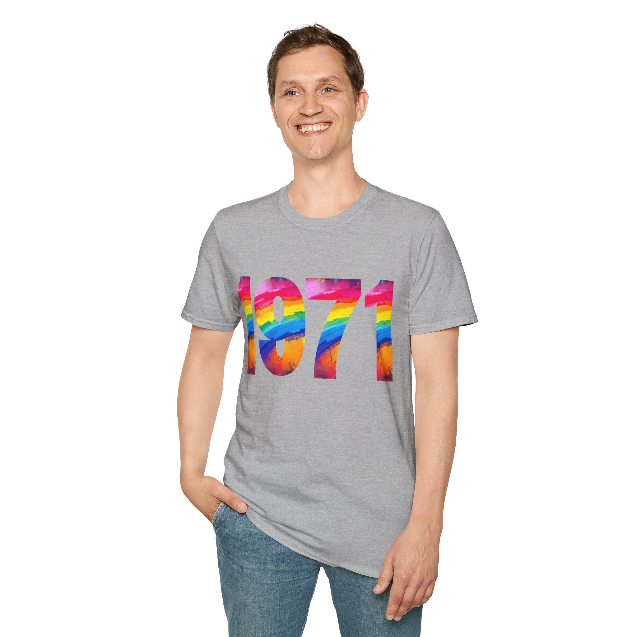 Rainbow Retro 1971 Unisex Softstyle T-Shirt | Colorful Vintage Tee for Pride, Birthdays, Casual Wear, and Everyday Style