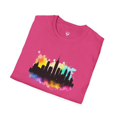 Colorful Skyline Unisex Softstyle T-Shirt | Urban Vibe Shirt | Gift for City Lovers | Summer Fashion | Streetwear