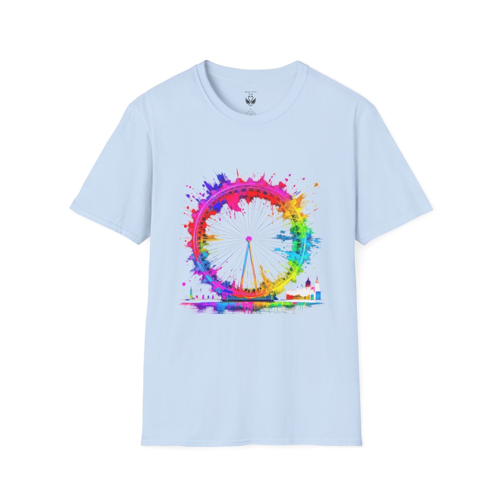 Colorful Watercolor London Eye Unisex Softstyle T-Shirt, Casual Tee, Graphic Shirt, Gift for Travel Lovers, Birthday Gift, Rainbow Art Shirt
