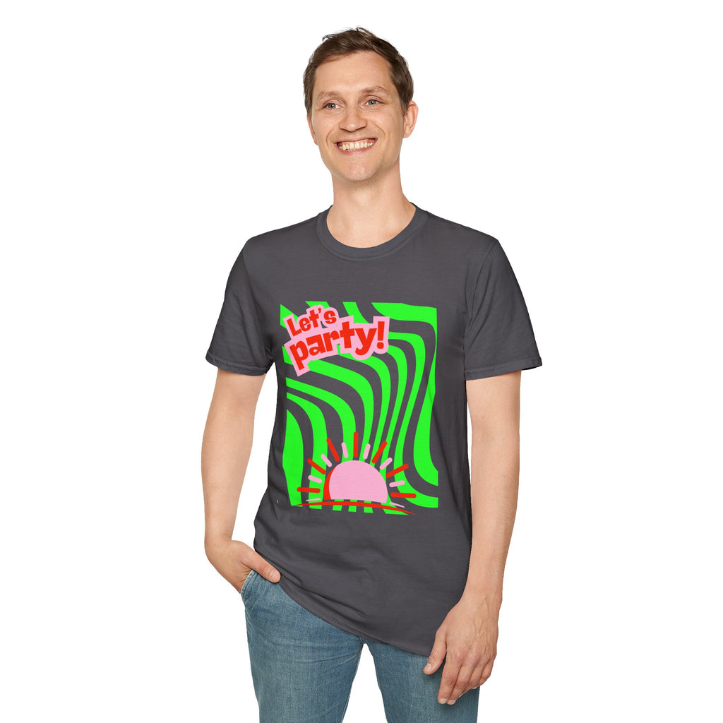 Let's Party Unisex Softstyle T-Shirt, Vibrant Summer Tee, Fun Graphic Shirt, Casual Wear, Birthday Gift, Festival Fashion