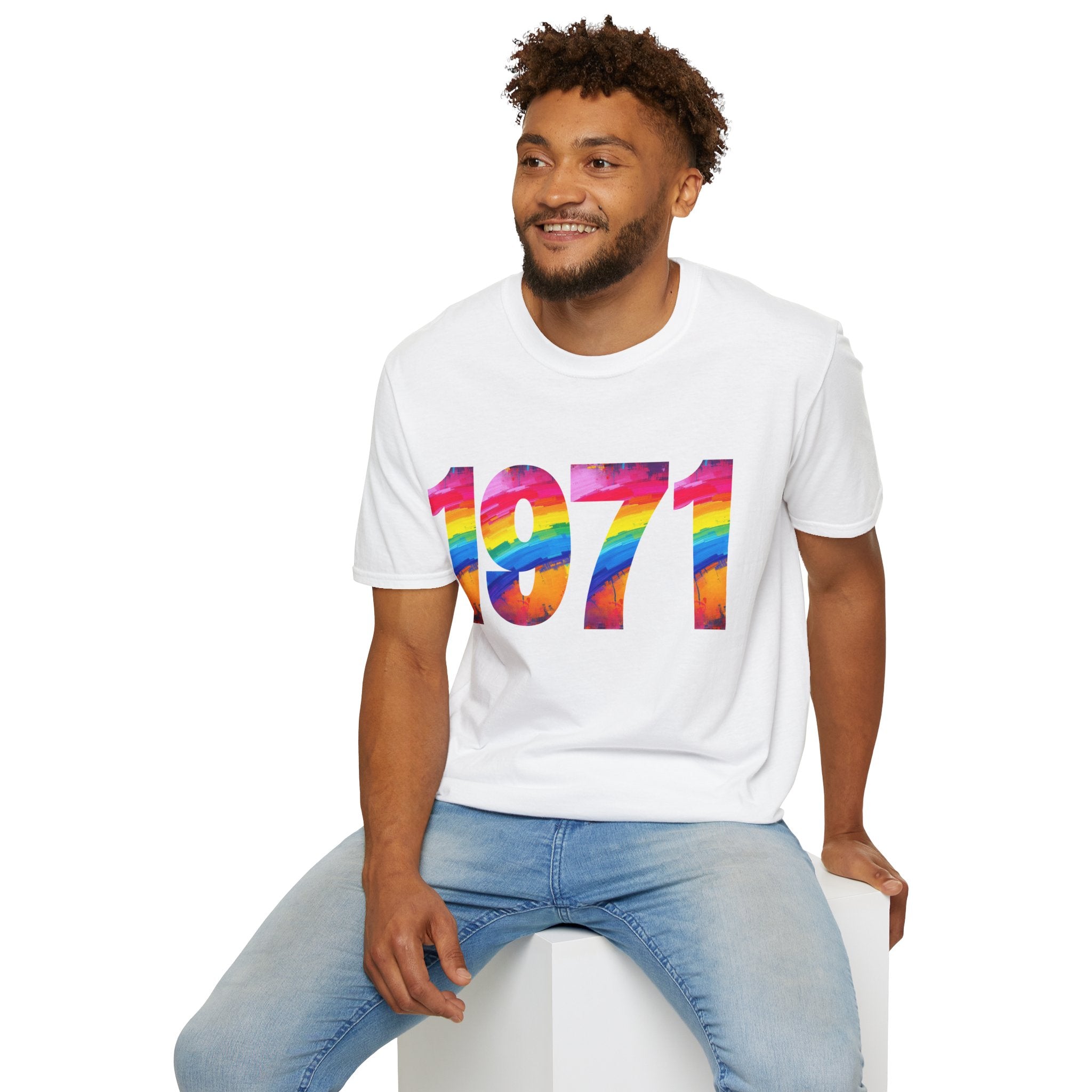 Rainbow Retro 1971 Unisex Softstyle T-Shirt | Colorful Vintage Tee for Pride, Birthdays, Casual Wear, and Everyday Style