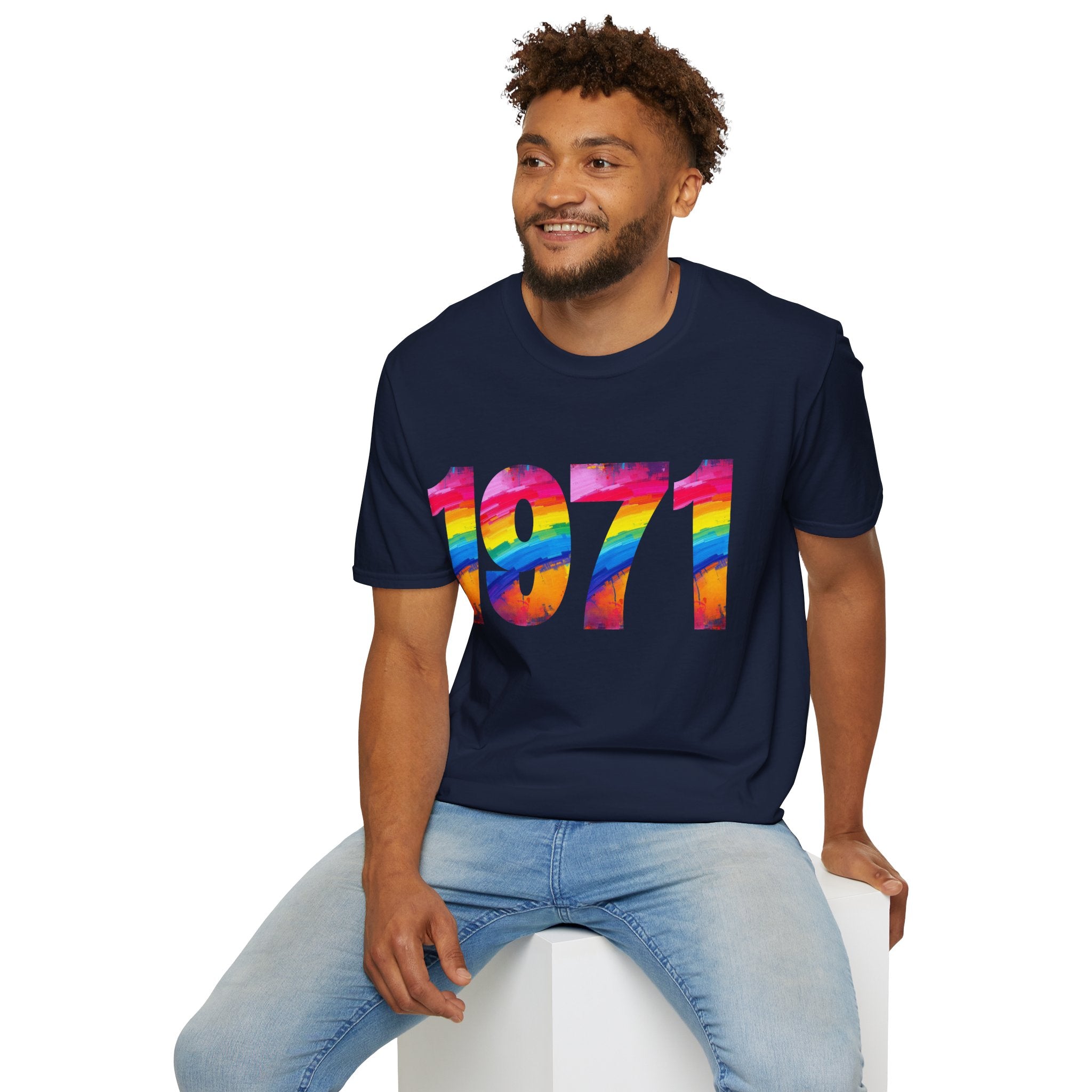Rainbow Retro 1971 Unisex Softstyle T-Shirt | Colorful Vintage Tee for Pride, Birthdays, Casual Wear, and Everyday Style