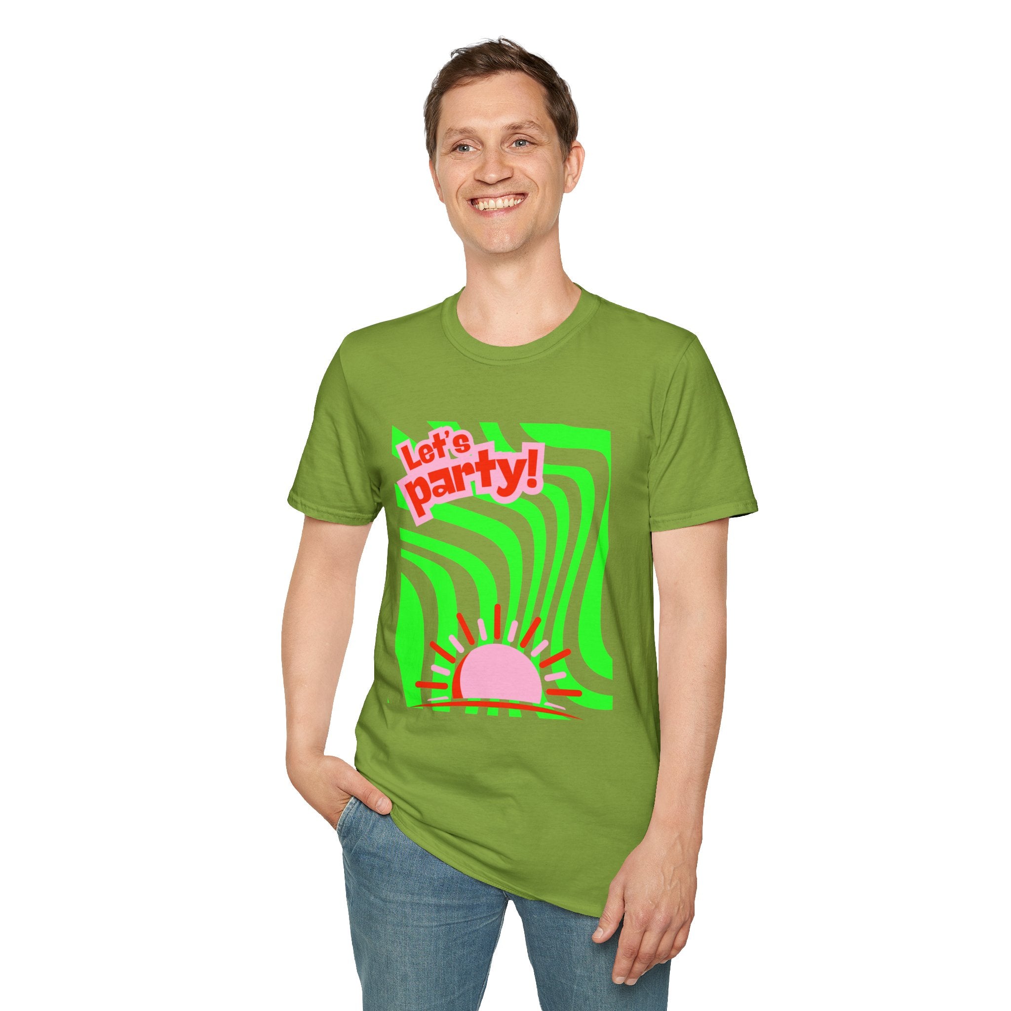 Let's Party Unisex Softstyle T-Shirt, Vibrant Summer Tee, Fun Graphic Shirt, Casual Wear, Birthday Gift, Festival Fashion