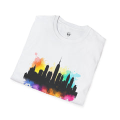Colorful Skyline Unisex Softstyle T-Shirt | Urban Vibe Shirt | Gift for City Lovers | Summer Fashion | Streetwear
