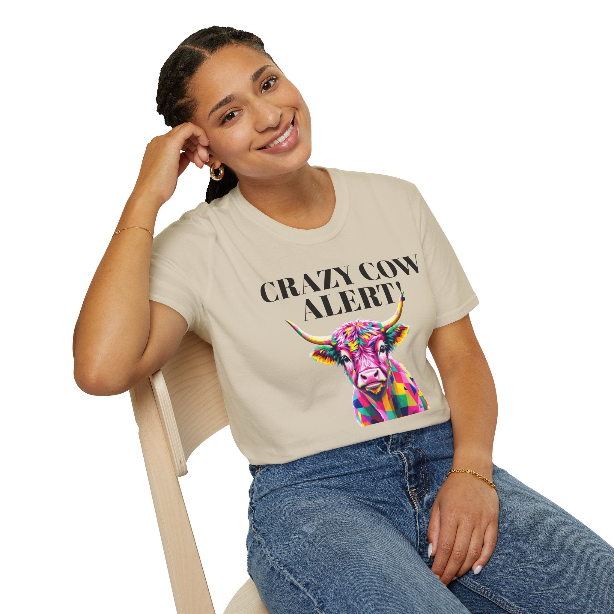 Colorful Cow Alert T-Shirt, Funny Cow Tee, Animal Lover Gift, Quirky Casual Wear, Farm Animal Shirt, Unique Graphic Tee