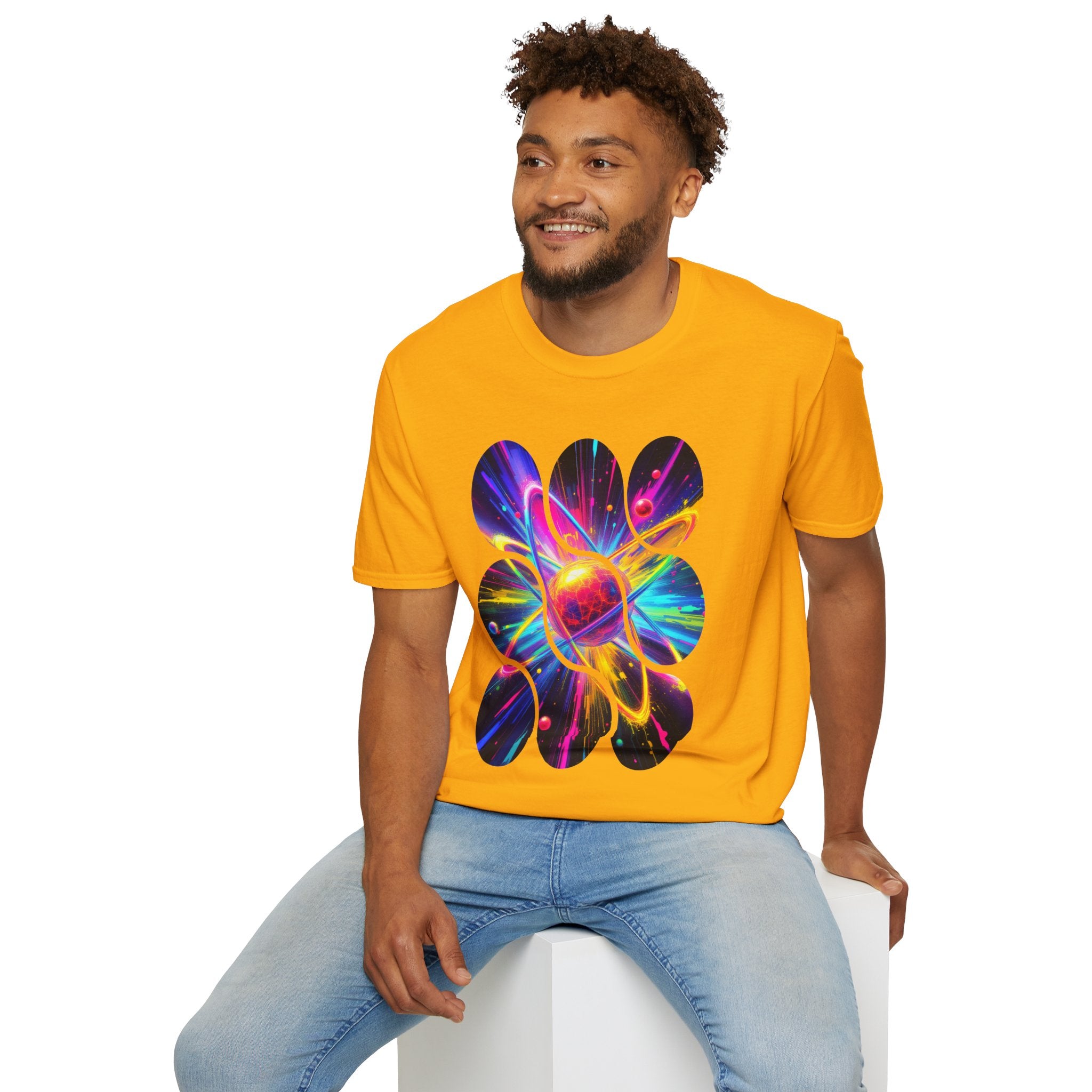 Colorful Atom Graphic T-Shirt, Unisex Casual Tee, Astronaut Art, Space Lover Gift, Festival Wear, Cosmic Vibes
