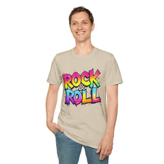 Colorful Rock & Roll Unisex Softstyle T-Shirt, Retro Tee, Music Lover Gift, Festival Wear, Rock Concert Apparel, Unisex Graphic Tee