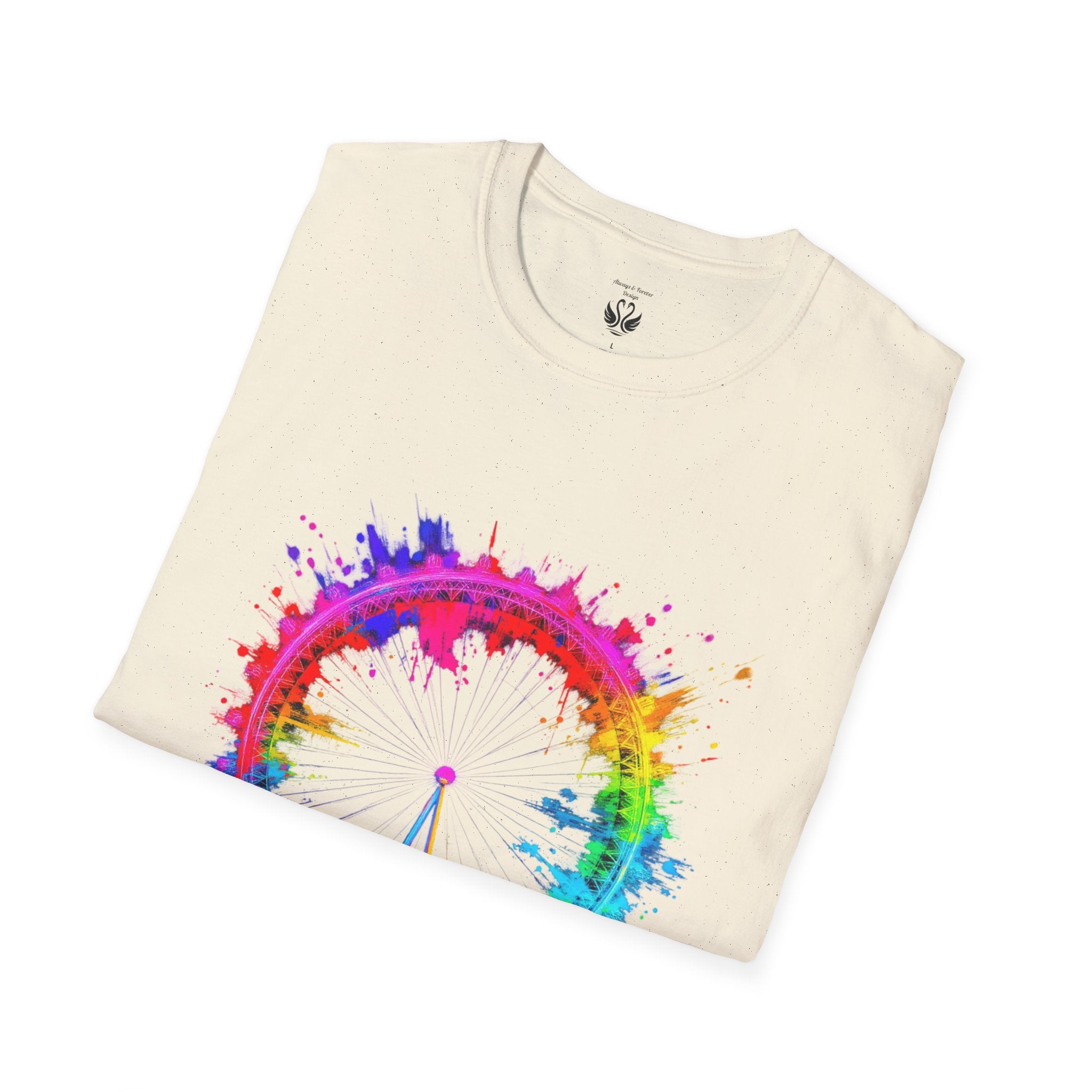 Colorful Watercolor London Eye Unisex Softstyle T-Shirt, Casual Tee, Graphic Shirt, Gift for Travel Lovers, Birthday Gift, Rainbow Art Shirt