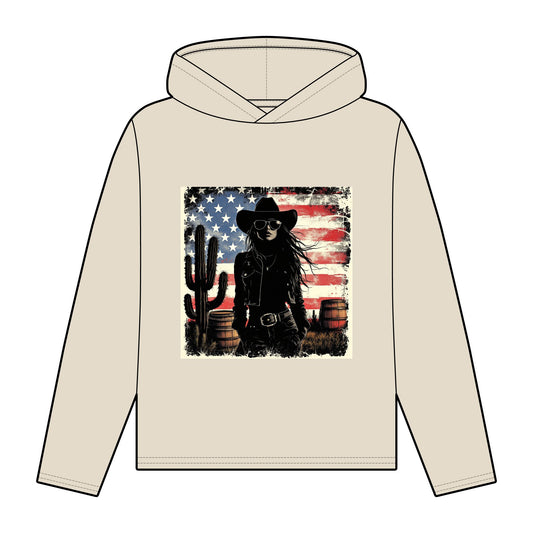 Women’s Organic Western Style Hoodie with Vintage American Flag Design