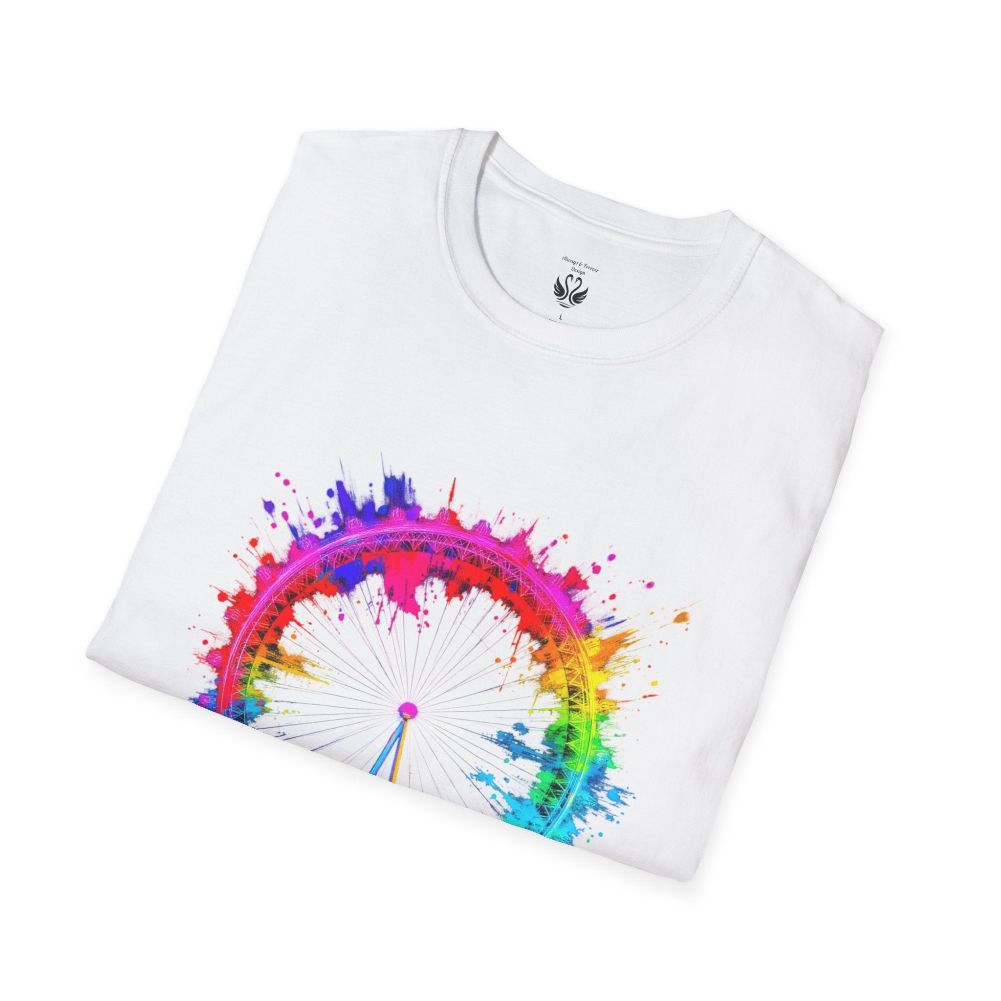 Colorful Watercolor London Eye Unisex Softstyle T-Shirt, Casual Tee, Graphic Shirt, Gift for Travel Lovers, Birthday Gift, Rainbow Art Shirt