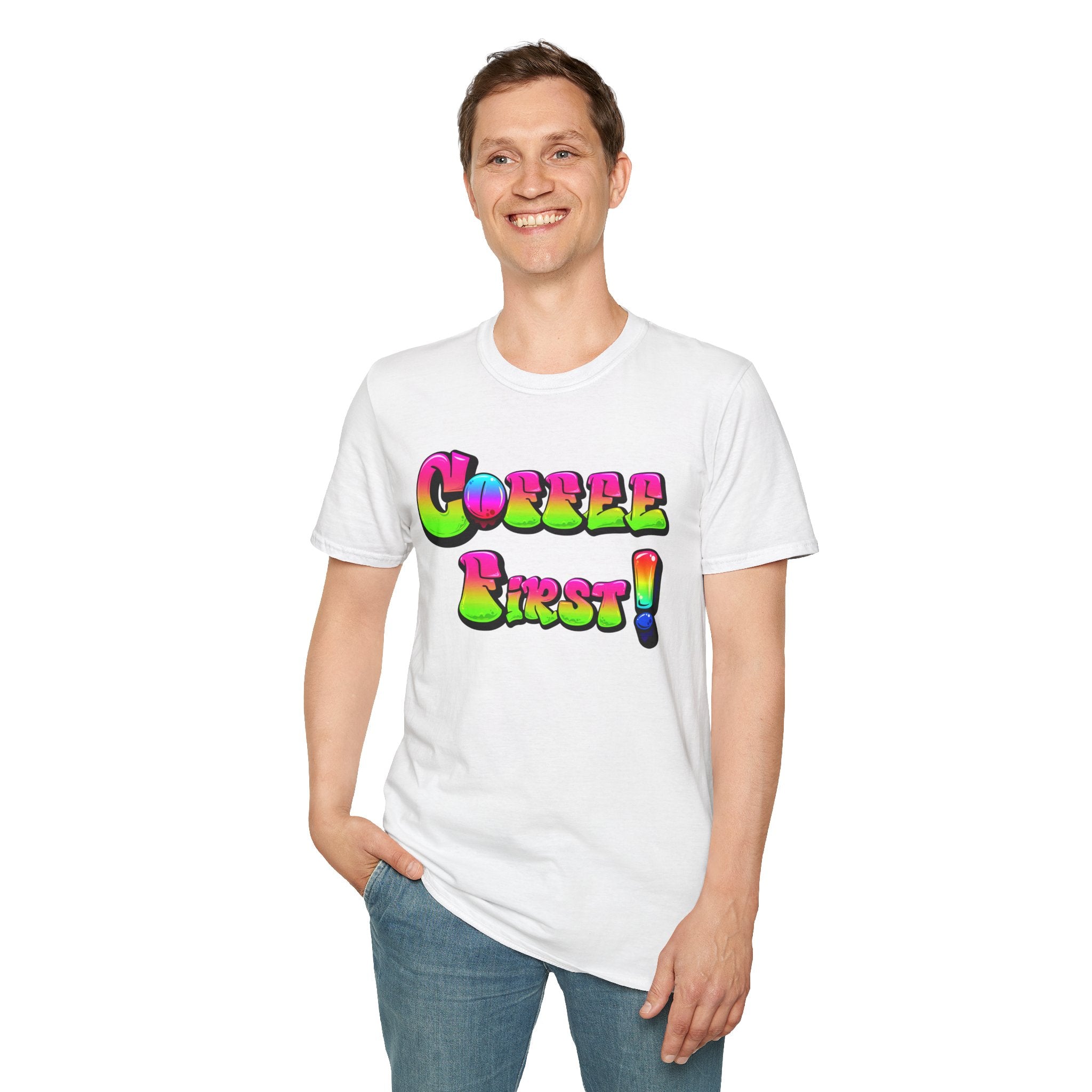 Coffee First Unisex Softstyle T-Shirt, Funny Graphic Tee, Gift for Coffee Lovers, Casual Wear, Perfect for Birthdays, Everyday Comfort