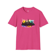 Colorful Skyline Unisex Softstyle T-Shirt | Urban Vibe Shirt | Gift for City Lovers | Summer Fashion | Streetwear