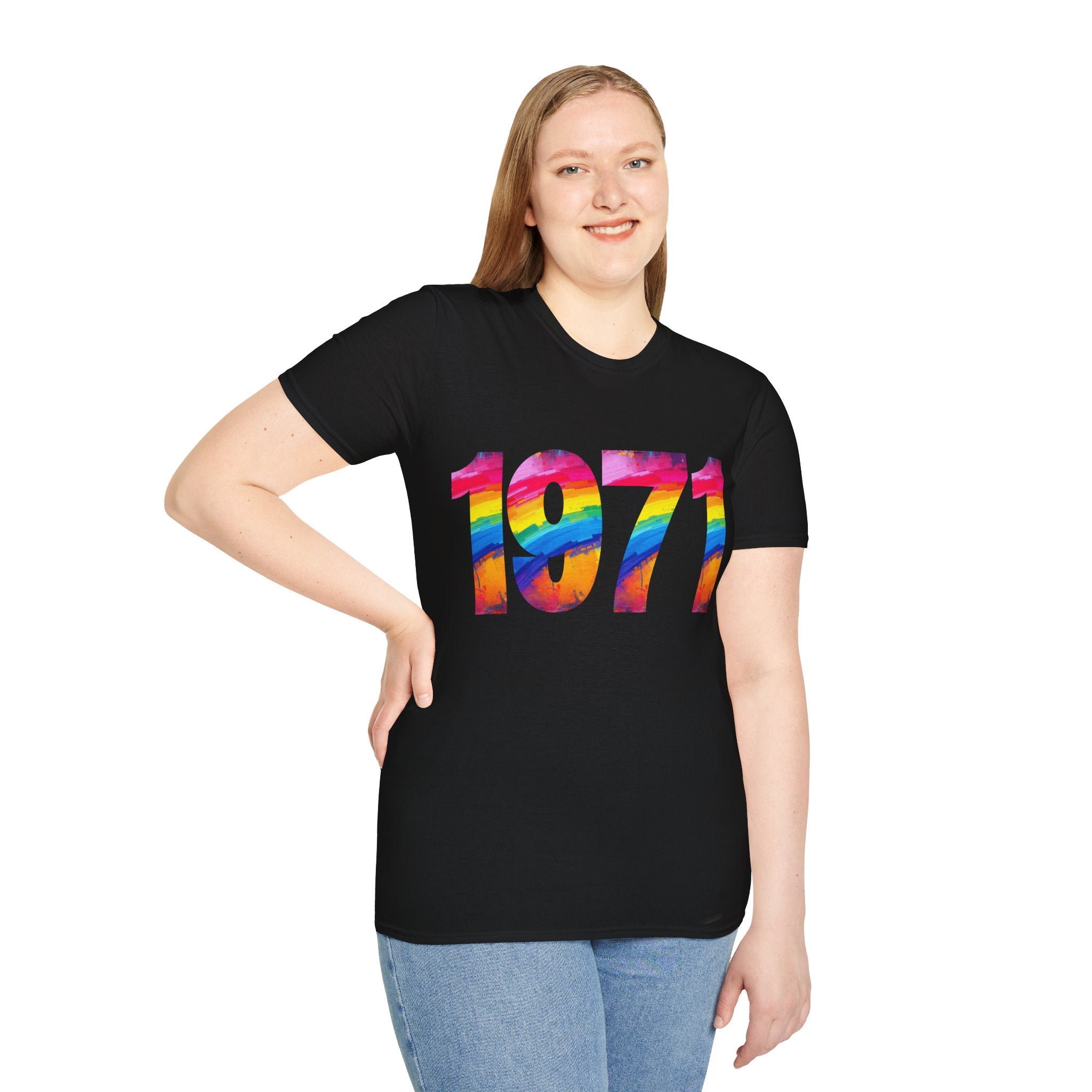 Rainbow Retro 1971 Unisex Softstyle T-Shirt | Colorful Vintage Tee for Pride, Birthdays, Casual Wear, and Everyday Style