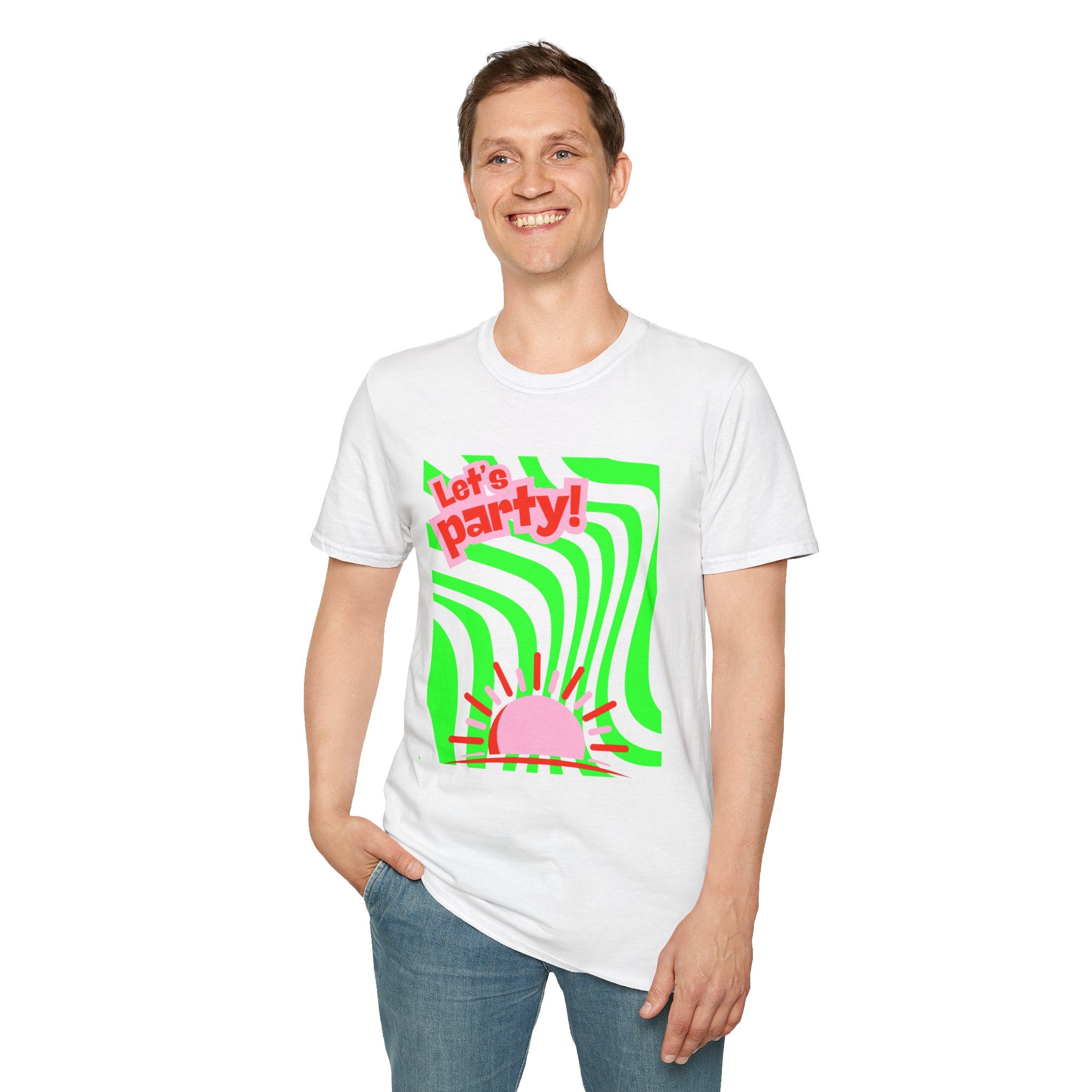 Let's Party Unisex Softstyle T-Shirt, Vibrant Summer Tee, Fun Graphic Shirt, Casual Wear, Birthday Gift, Festival Fashion