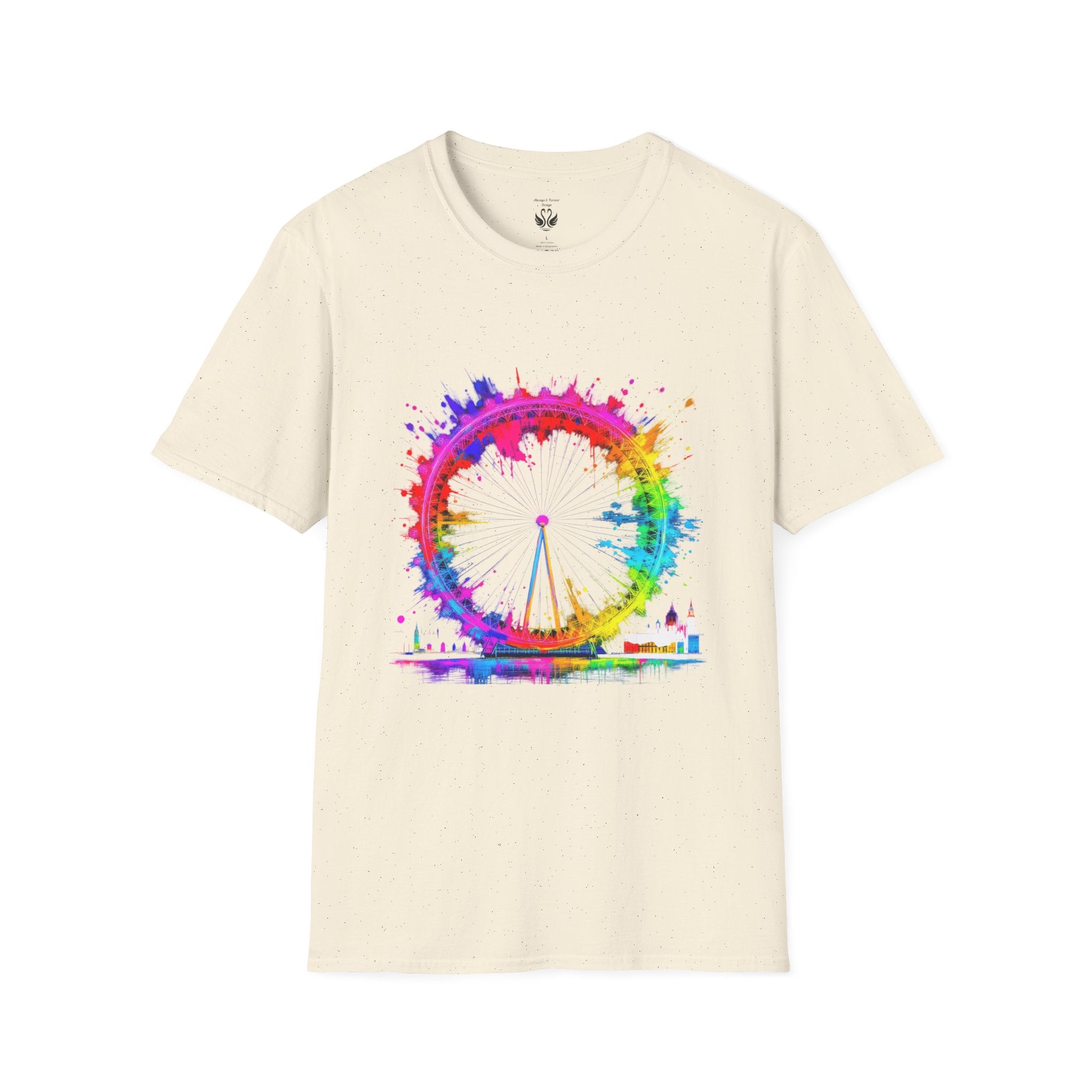 Colorful Watercolor London Eye Unisex Softstyle T-Shirt, Casual Tee, Graphic Shirt, Gift for Travel Lovers, Birthday Gift, Rainbow Art Shirt