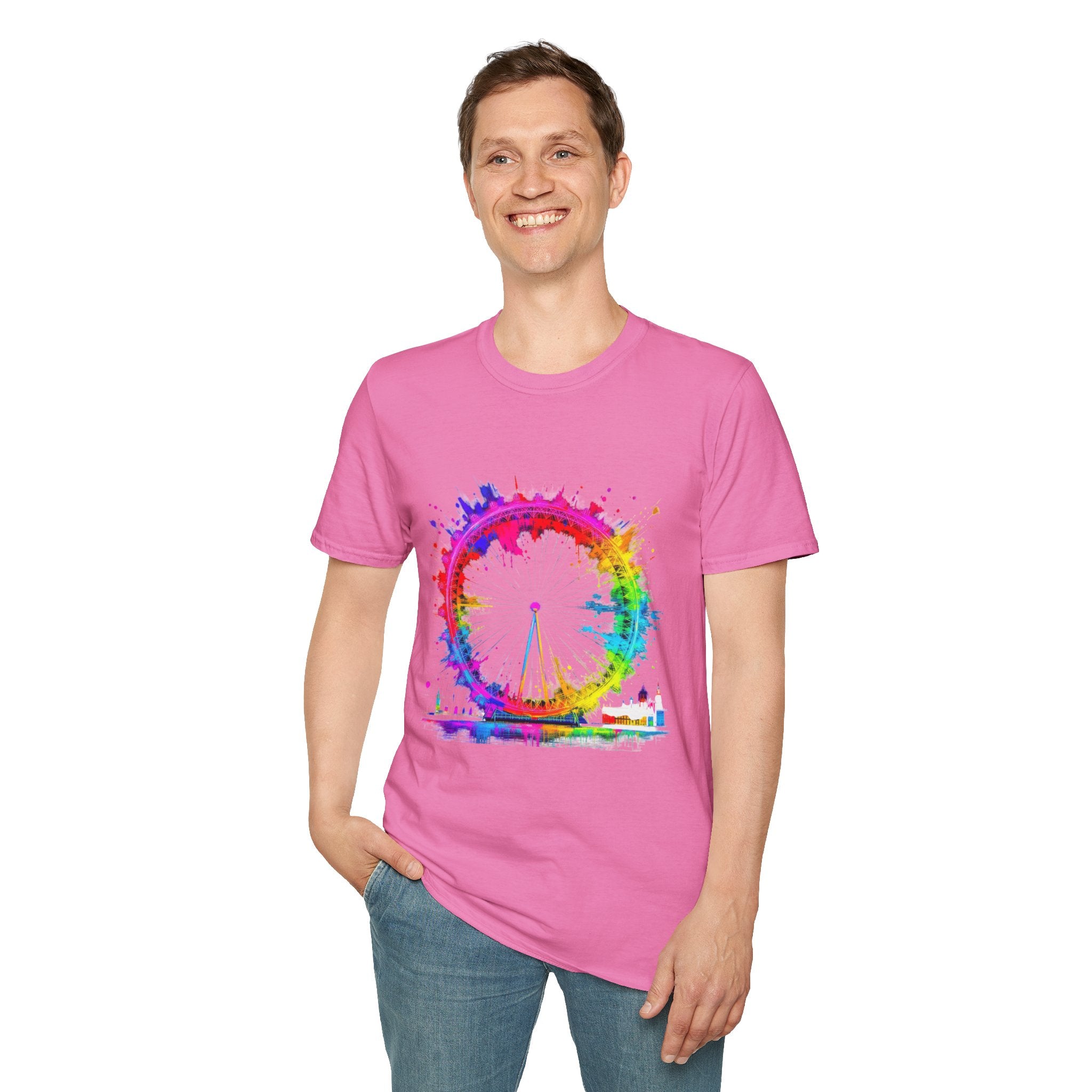 Colorful Watercolor London Eye Unisex Softstyle T-Shirt, Casual Tee, Graphic Shirt, Gift for Travel Lovers, Birthday Gift, Rainbow Art Shirt
