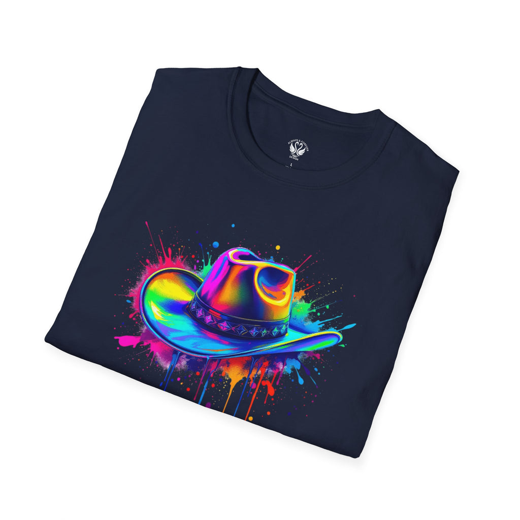 Colourful Cowboy Hat Unisex T-Shirt, Fun Graphic Tee, Festival Wear, Summer Celebration Shirt, LGBTQ Pride Apparel, Gift for Friends