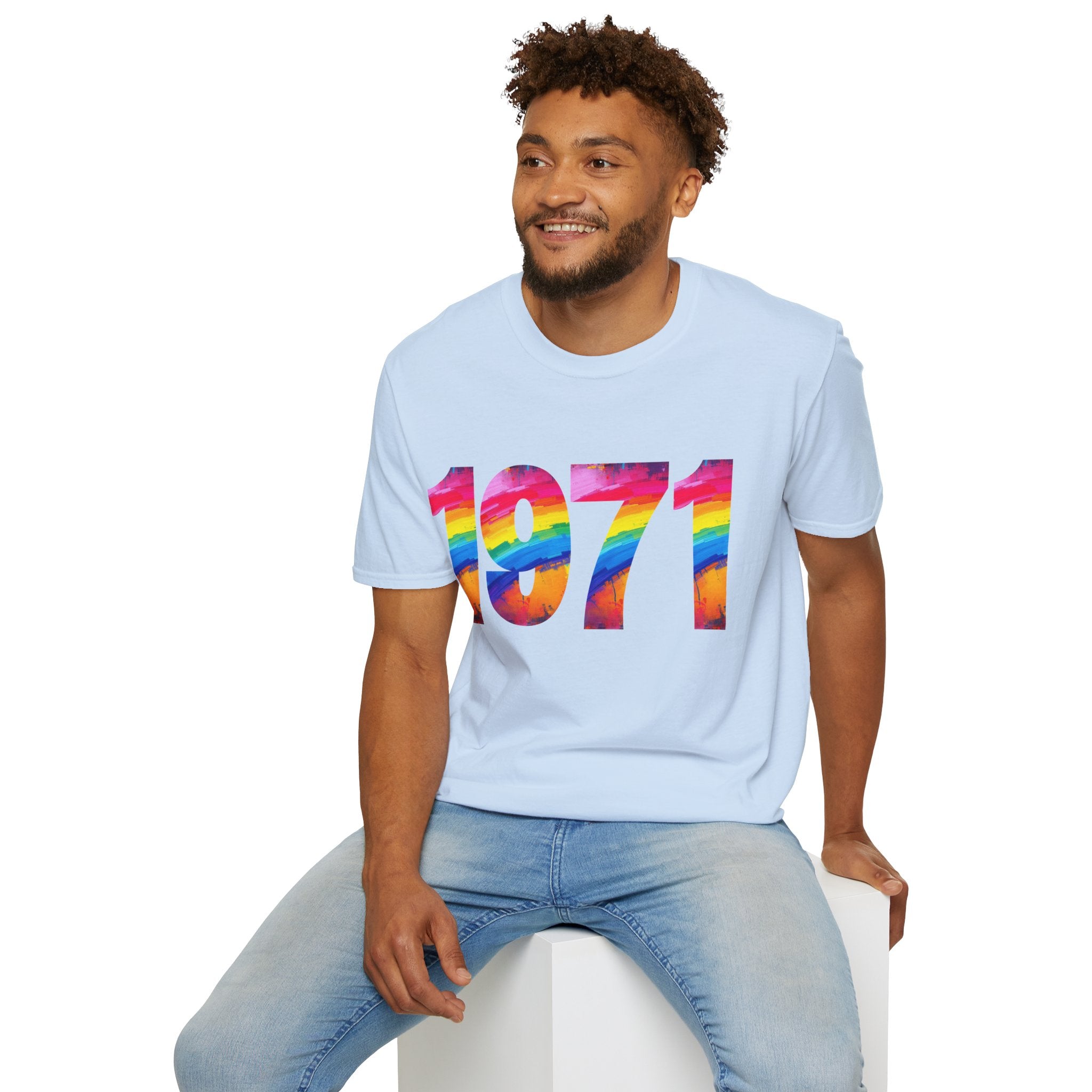 Rainbow Retro 1971 Unisex Softstyle T-Shirt | Colorful Vintage Tee for Pride, Birthdays, Casual Wear, and Everyday Style