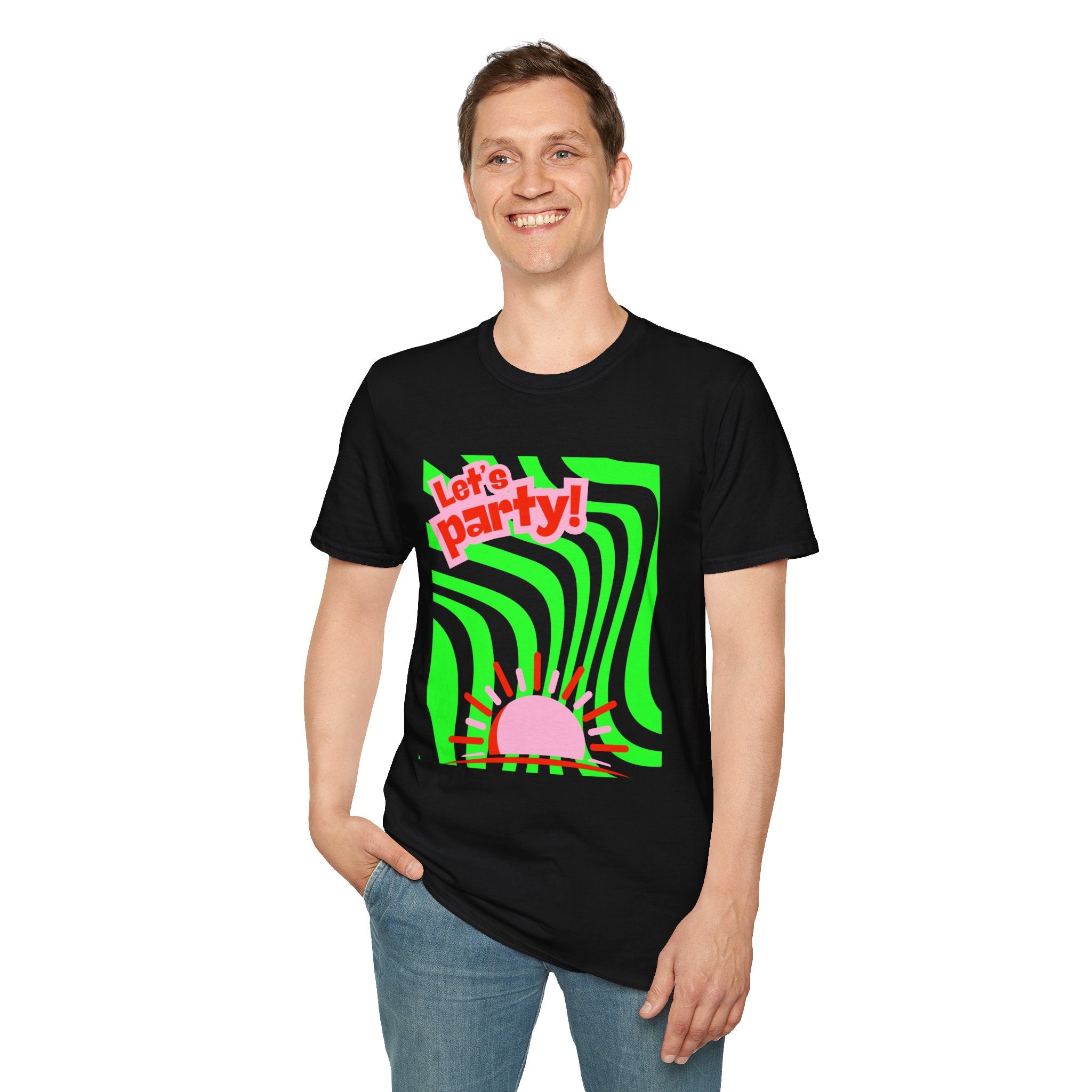 Let's Party Unisex Softstyle T-Shirt, Vibrant Summer Tee, Fun Graphic Shirt, Casual Wear, Birthday Gift, Festival Fashion