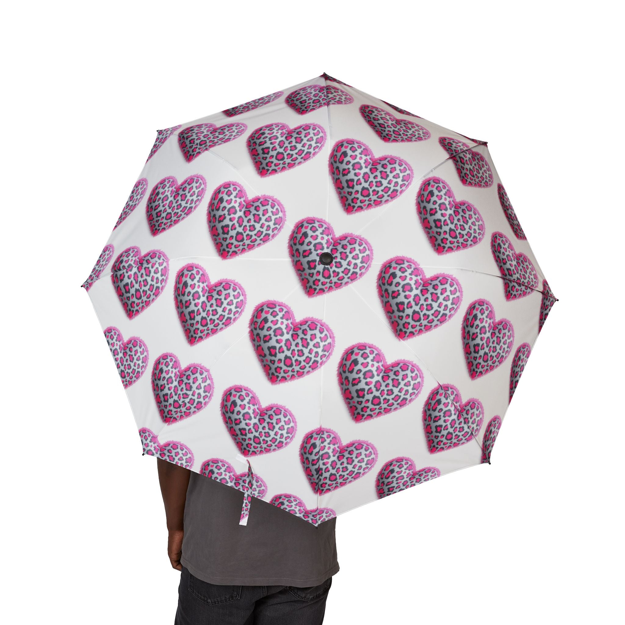 Leopard Print Heart Umbrella - Semi-Automatic & Foldable