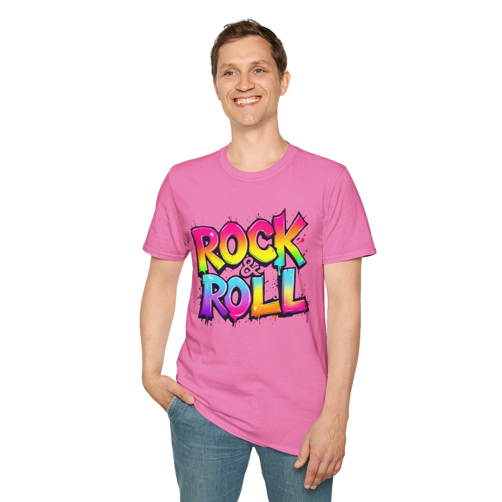 Colorful Rock & Roll Unisex Softstyle T-Shirt, Retro Tee, Music Lover Gift, Festival Wear, Rock Concert Apparel, Unisex Graphic Tee
