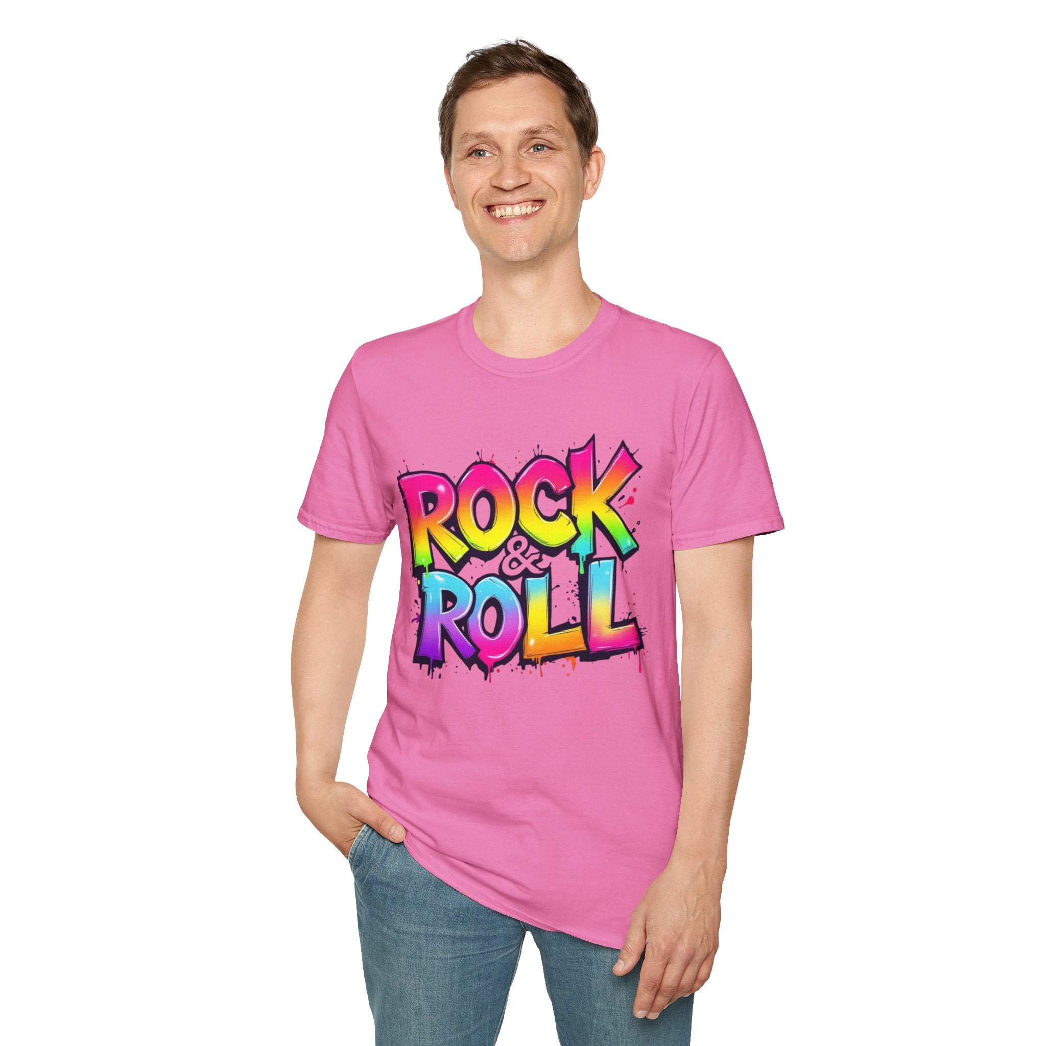 Colorful Rock & Roll Unisex Softstyle T-Shirt, Retro Tee, Music Lover Gift, Festival Wear, Rock Concert Apparel, Unisex Graphic Tee