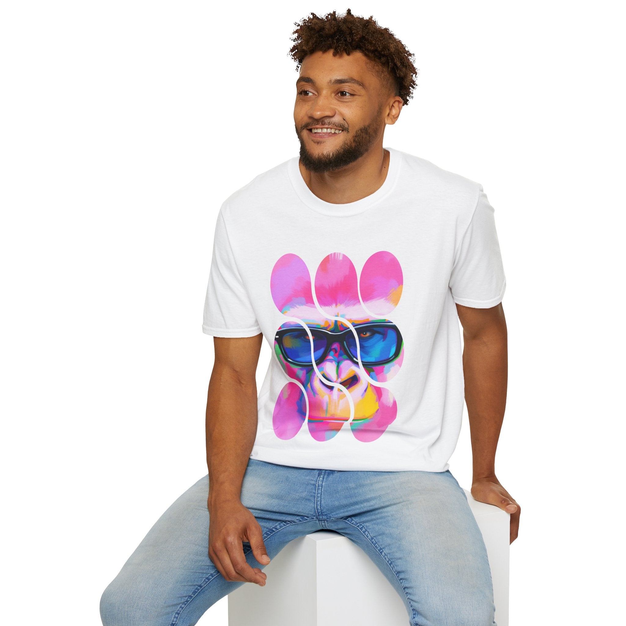 Vibrant Gorilla Graphic Tee, Unisex Softstyle T-Shirt, Funky Apparel, Casual Wear, Gift for Animal Lovers, Summer Collection