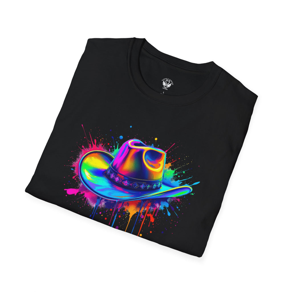 Colourful Cowboy Hat Unisex T-Shirt, Fun Graphic Tee, Festival Wear, Summer Celebration Shirt, LGBTQ Pride Apparel, Gift for Friends