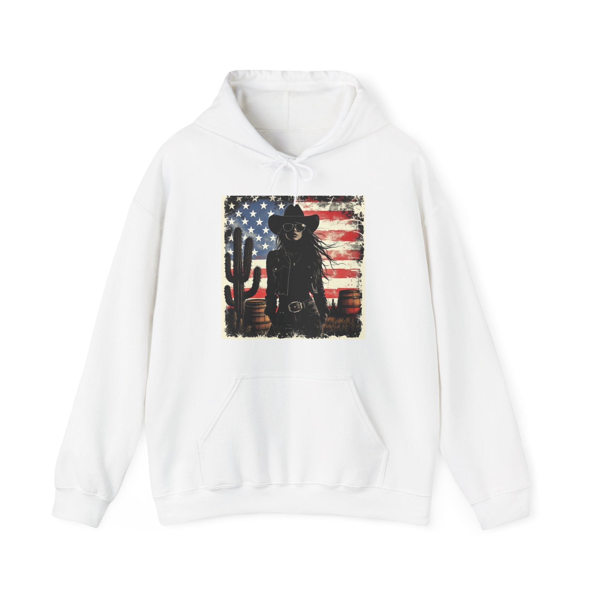 Western Cowboy Hoodie - Unisex Heavy Blend Sweatshirt, American Flag Design, Fashion Statement, Gift for Him, Cozy Apparel