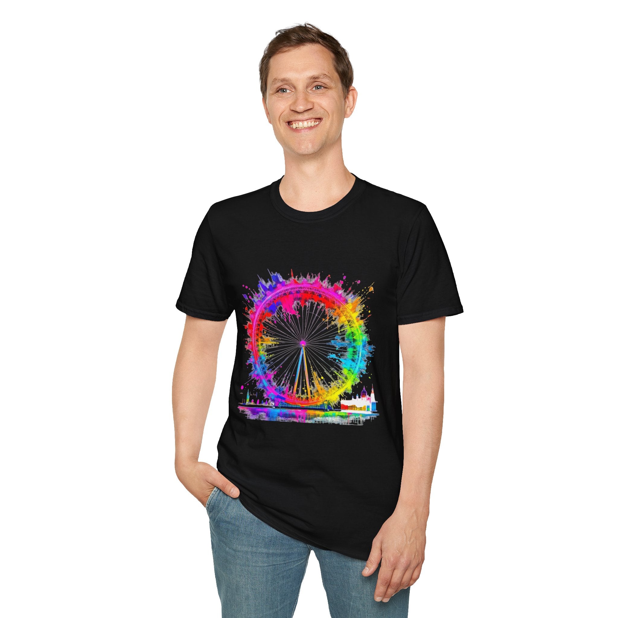 Colorful Watercolor London Eye Unisex Softstyle T-Shirt, Casual Tee, Graphic Shirt, Gift for Travel Lovers, Birthday Gift, Rainbow Art Shirt