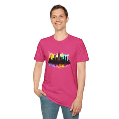 Colorful Skyline Unisex Softstyle T-Shirt | Urban Vibe Shirt | Gift for City Lovers | Summer Fashion | Streetwear