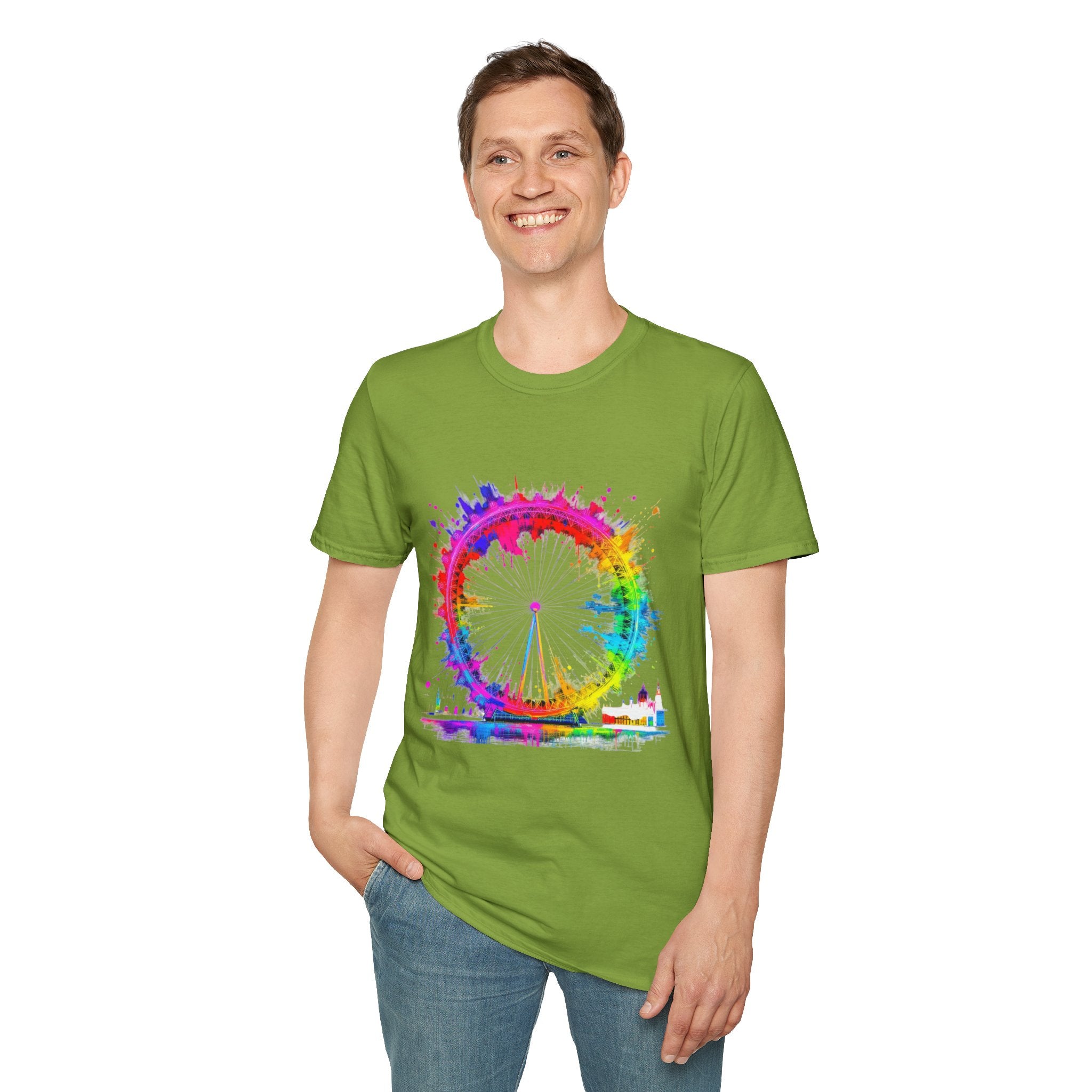Colorful Watercolor London Eye Unisex Softstyle T-Shirt, Casual Tee, Graphic Shirt, Gift for Travel Lovers, Birthday Gift, Rainbow Art Shirt