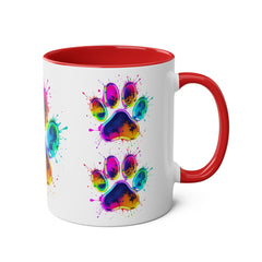 Colorful Paw Print Coffee Mug, Pet Lover Gift, Two-Tone Mug, Fun Dog Accessories, Vibrant Pet Themed Drinkware