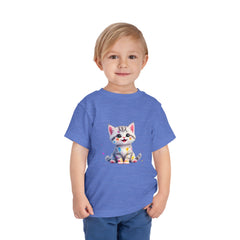 Cute Cat Toddler Tee - Whimsical Graphic Short Sleeve Shirt for Kids