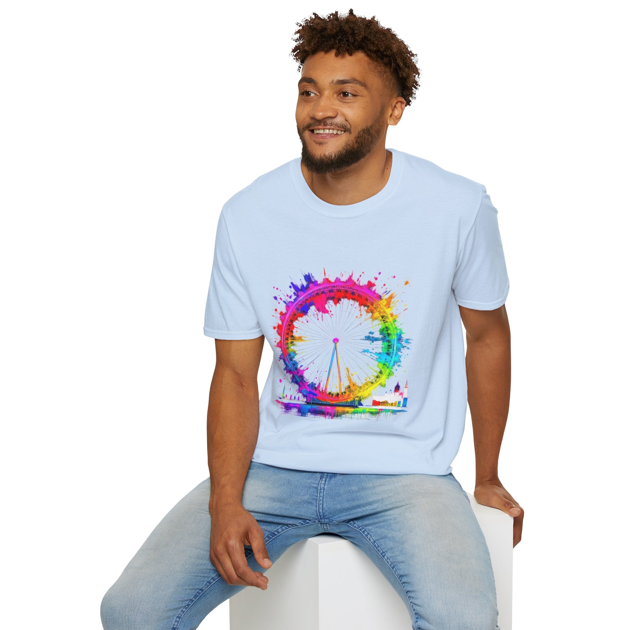 Colorful Watercolor London Eye Unisex Softstyle T-Shirt, Casual Tee, Graphic Shirt, Gift for Travel Lovers, Birthday Gift, Rainbow Art Shirt