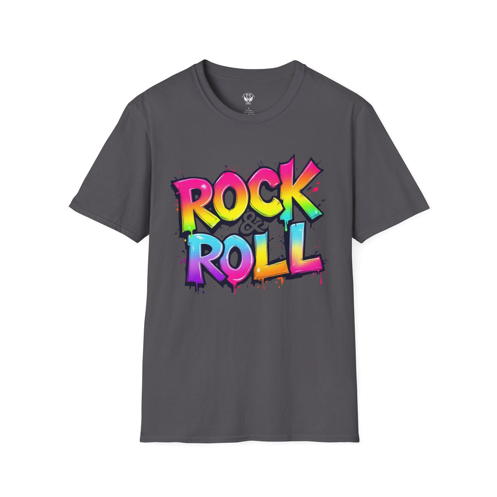 Colorful Rock & Roll Unisex Softstyle T-Shirt, Retro Tee, Music Lover Gift, Festival Wear, Rock Concert Apparel, Unisex Graphic Tee