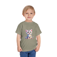 Cute Cat Toddler Tee - Whimsical Graphic Short Sleeve Shirt for Kids